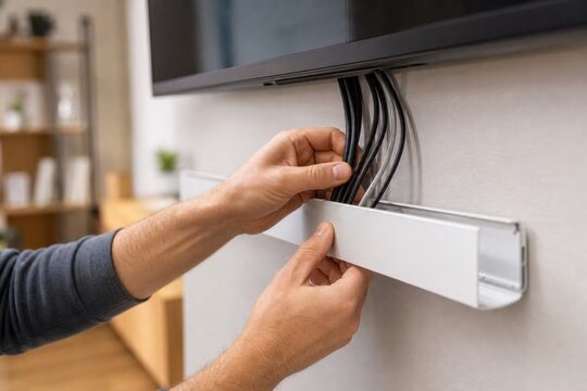 Hands installing cable management duct for TV wires on a wall to organize home entertainment system cables and create a clean professional look in a living room