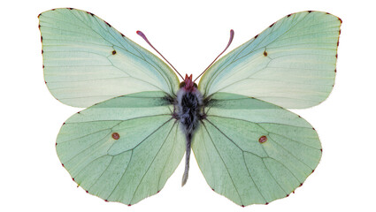 Pale green butterfly with red spots on wings and fuzzy body © Andrei