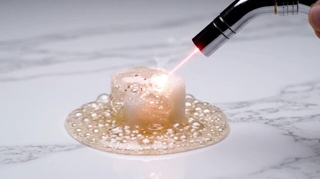 A close up of a sugar cube being melted by a blow torch on a white marble surface, showing a caramelizing process