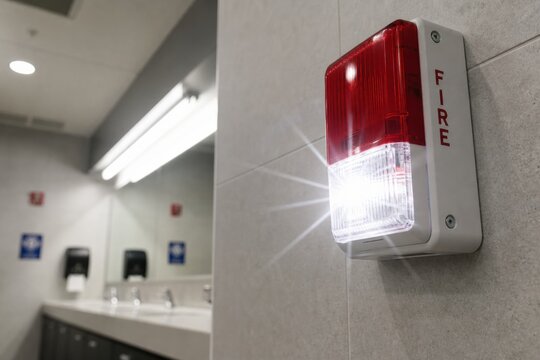 Red fire alarm strobe light with flashing bright white beacon mounted on a wall in a public restroom facility to provide visual warning during an emergency situation