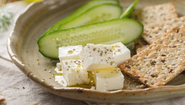 Slices of fresh cucumber, seasoned feta cheese cubes, and multigrain crackers are arranged on a rustic ceramic plate.