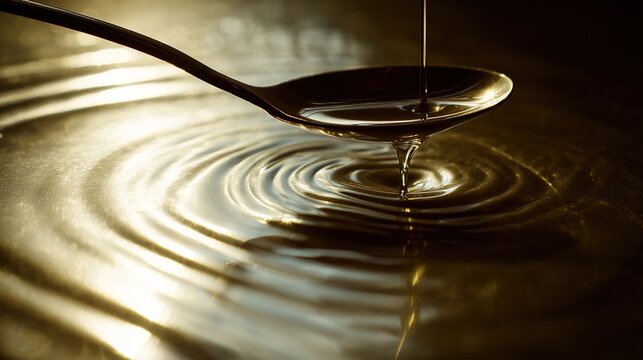 anointing. Silver spoon dripping olive oil onto water, creating concentric rings. STEM education sheets, lab safety posters, designed for STEM education and laboratory safety posters.