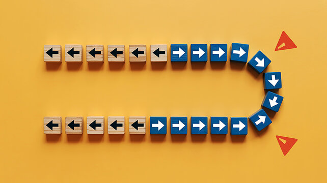 Minimalist business pivot and cybersecurity redirection concept with arrow blocks showing detour on a yellow background