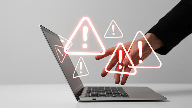 A minimalist digital illustration depicting a hand interacting with multiple glowing digital warning icons emanating from a modern sleek laptop screen