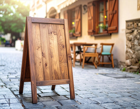 Blank wooden A-frame sign mockup template outside restaurant entrance