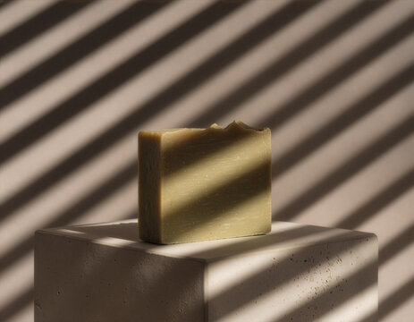 Olive oil soap bar mockup template on concrete pedestal with striped shadows