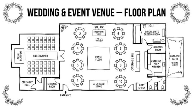Wedding and event venue floor plan, hand drawn architectural layout for reception and ceremony, banquet hall blueprint with dance floor