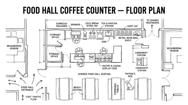 Food hall coffee counter floor plan, architectural cafe layout vector, professional restaurant interior design blueprint with seating area