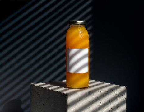 Orange juice glass bottle mockup template with blank label and moody shadows