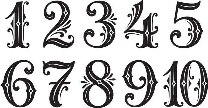 Set of ornate, decorative, and vintage-style black numbers from one to ten with elegant flourishes and diamond accents on a white background, perfect for design projects.