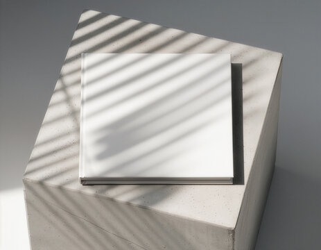 Square white hardcover book mockup template on concrete block with blind shadows