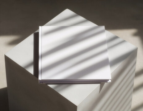 Blank white hardcover book mockup template on concrete cube with striped shadows