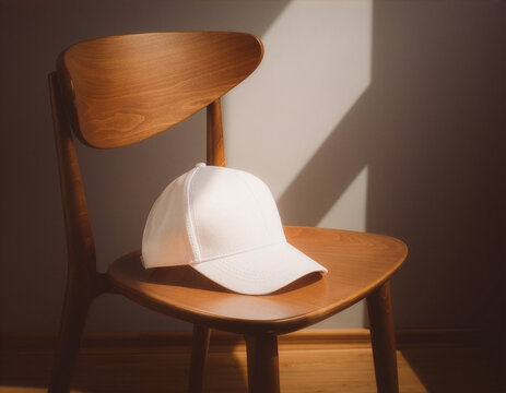 White baseball cap mockup template on wooden chair with warm interior shadows