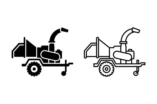 Wood chipper machine icon set for landscaping and forestry work