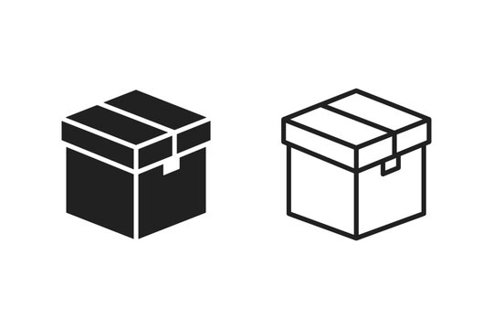 Isometric cardboard box icons, one solid black and one outline, representing shipping and delivery
