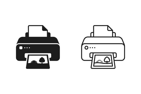 Two printer icons, one solid black and one outline, printing a landscape photo