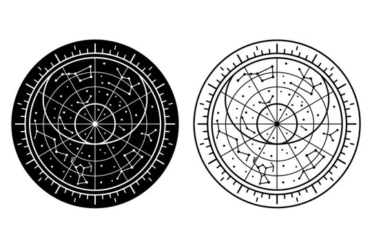 Celestial navigation chart with constellations and star patterns on a circular dial