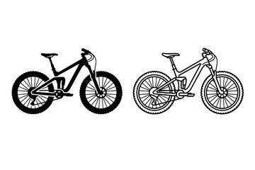 Fototapeta premium Two mountain bikes, one solid silhouette and one line art, displayed side by side