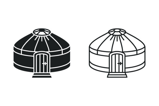 Traditional nomadic dwelling icons, a yurt in solid and outline styles
