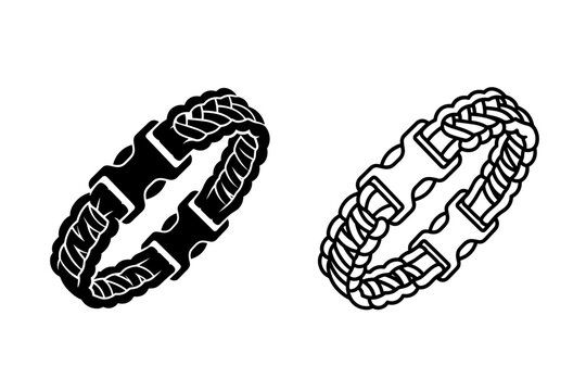 Braided paracord bracelet with buckle, black and white vector icons