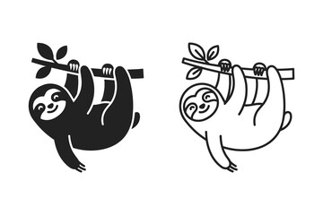 Fototapeta premium Cute cartoon sloths hanging from a tree branch in black and white styles
