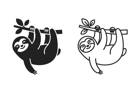 Cute cartoon sloths hanging from a tree branch in black and white styles
