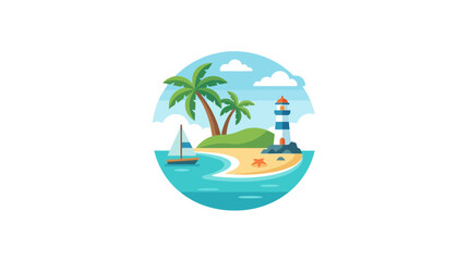 Fototapeta premium Tropical Island Paradise with Lighthouse and Sailboat, Beach Vacation