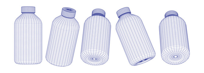 Set of Five Blue Wireframe Bottle Illustrations Featuring Digital Geometric Polygon Mesh Structures Isolated on White Background for Industrial Design and 3D Modeling Concepts © Bright Design