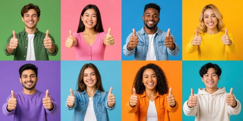 Obraz premium Diverse group of happy people showing thumbs up gesture in a collage of colorful portraits representing success, positivity, and multicultural unity in a modern society