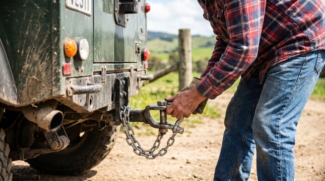 Man attaching a heavy steel tow hitch to the rear of a green four-wheel drive vehicle while preparing for transport on a rural farm road in the countryside