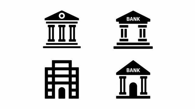 Four simple black and white bank and government building icons