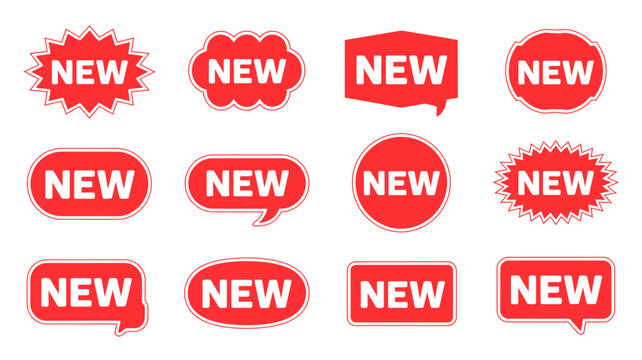 Set of twelve creative new release badges with bold red and white color scheme in various shapes