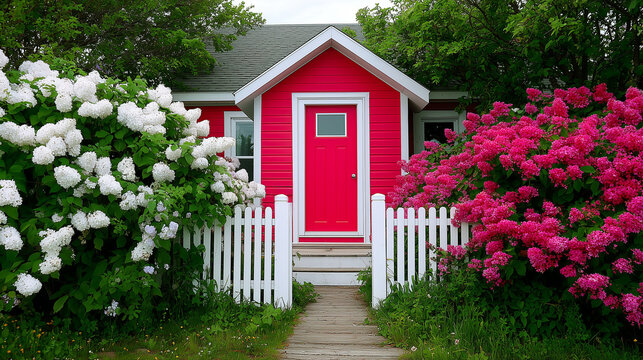 Cozy cottage entrance with vibrant red door and blooming hydrangea garden