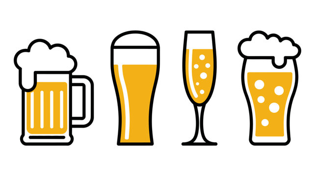 Four different beer glasses with frothy drinks and bubbles illustration