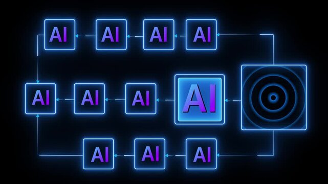 Ai tools neon background .Automation and business process mapping concept. Businessman using laptop with flowchart interface to present automated workflow, process planning, 4k animated video.