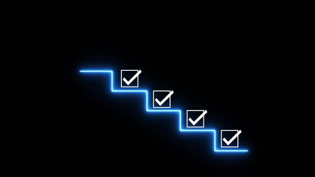 Achievement Pathway, digital checklist with glowing badge, symbolizing goal completion and success in a business setting, coach the way of setting goals, objectives and 4k animated motion video.