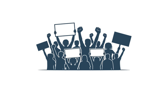 Silhouette of a crowd protesting with blank signs and fists