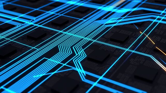 Glowing circuit board with diagonal data pathways and electronic components