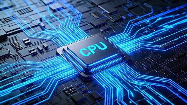 CPU on circuit board with glowing lines