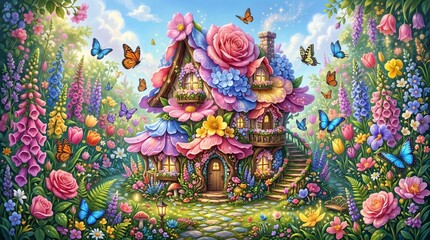 Fototapeta premium Blooming Floral Fairy Cottage Surrounded by Butterflies and Wildflowers