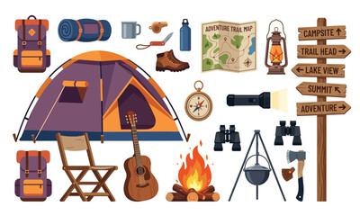 Camping and outdoor adventure gear vector illustration asset set. Tourist tent, backpacks, campfire, wooden signpost, map, compass and hiking elements. © Creative Studio 