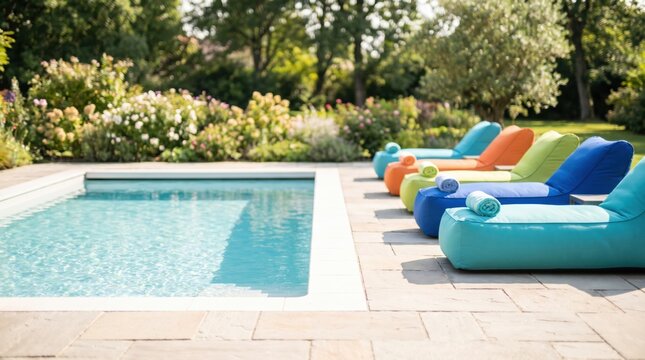 Colorful bean bag lounge chairs by pool arranged on a stone patio next to clear blue water in a beautiful backyard garden with lush greenery and blooming flowers