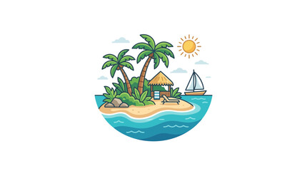 Obraz premium Tropical Island Paradise with Palm Trees, Beach Hut, Sailboat, and Sun