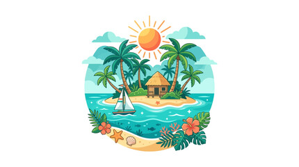Fototapeta premium Tropical Island Paradise with Palm Trees, Hut, Sailboat and Sunny Sky