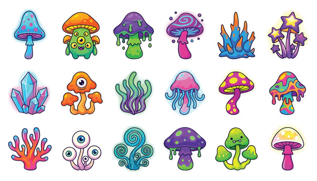 Psychedelic magic mushroom fantasy element vector sticker set. Alien plants, colorful crystals, melting fungi, monsters and trippy surreal assets.