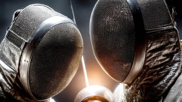 Close up of fencing masks in an indoor gym during a fencing match Generative AI