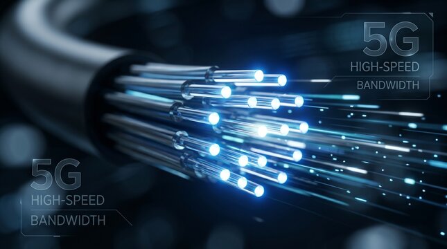 5g highspeed bandwidth fiber optic cable with glowing blue light