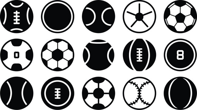 Sixteen circular sports ball icons set in black and white vector design featuring football basketball soccer baseball tennis rugby