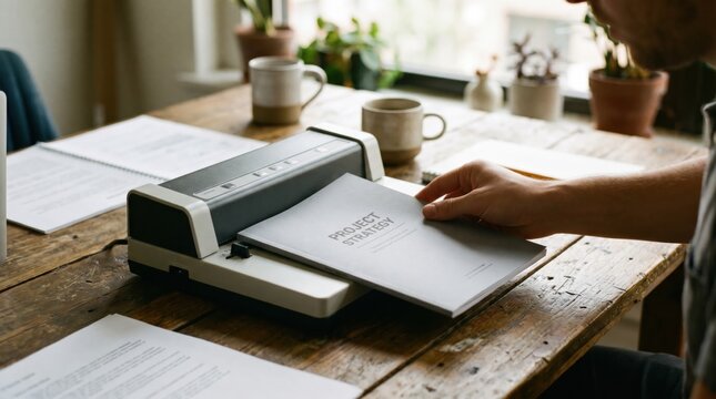 A person using a document binding machine to assemble a project strategy report on a rustic wooden desk in a bright home office or creative workspace environment