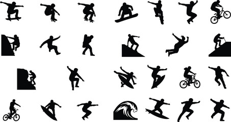 Fototapeta premium Extreme Sports Silhouette Collection with Skateboard Surfing BMX Climbing and Parkour Athletes
